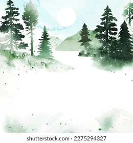 Watercolor nature vector illustration in green colors. Template with coniferous trees, river, mountains and place for text. Collage with watercolor texture