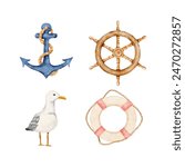 Watercolor nautical elements, rigging symbols, life buoy, steering wheel, anchor and  seagull watercolor illustration, isolated on white background vector