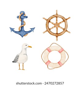 Watercolor nautical elements, rigging symbols, life buoy, steering wheel, anchor and  seagull watercolor illustration, isolated on white background vector