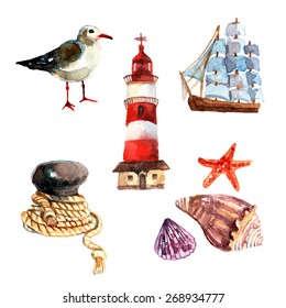 Watercolor nautical elements set with seagull sail ship lighthouse isolated vector illustration