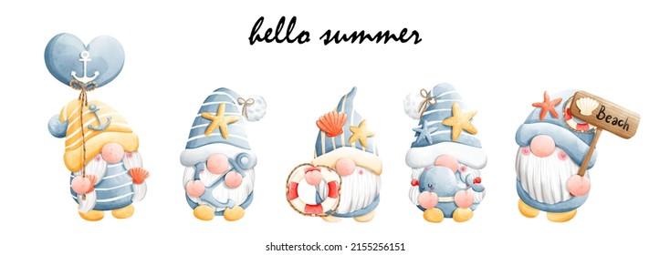 Watercolor nautical gnome, Summer gnome Vector illustration
