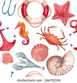 Watercolor nautical pattern. Seamless texture with hand painted sea objects: starfish, shells, lifebuoy ring, anchor, lobster, crab, sea horse. Vector nautical background