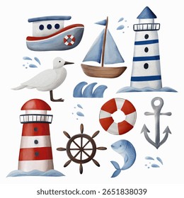 Watercolor nautical set with cute hand-painted sea-themed elements: lighthouse, sailing boat, fishing boat, seagull, waves, lifebuoy, ship wheel, anchor, and fish. 