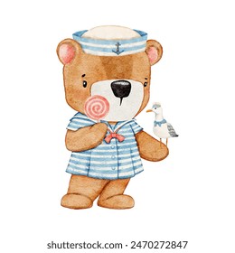 Watercolor nautical teddy bear hand-drawn illustration with baby shower girl style vector