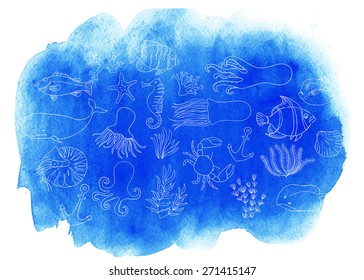 Watercolor nautical texture. Vector background. Sea animals. Blobs, stain, paints blot.  