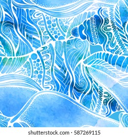 Watercolor nautilus shell, zen art seamless pattern