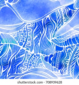 Watercolor nautilus shell, zen art seamless pattern. Vivid blue hand drawn watercolor background. Sea and ocean motifs, sea life.
