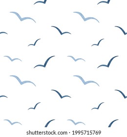 Watercolor navy blue abstract Seagull seamless pattern. Sea life. Flying Gull Birds silhouettes in the sky. Marine simple vector background for design prints, fabric, textile, package, scrapbooking
