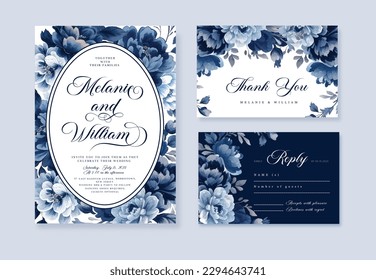 Watercolor Navy blue floral wedding invitation card template