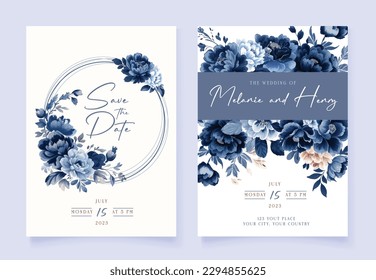 Plantilla de tarjetas de invitación de boda floral azul de la Marina de color de agua