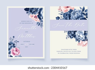 Watercolor Navy blue floral wedding invitation cards template