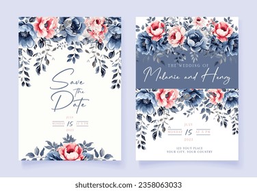 Plantilla de tarjetas de invitación de boda floral azul de la Marina de color de agua