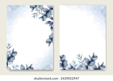 Watercolor Navy blue floral wedding invitation cards template 