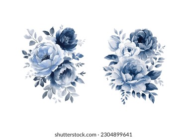 Watercolor navy blue flowers set, vintage vector flowers collection.