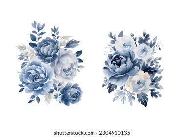 Watercolor navy blue flowers set, vintage vector flowers collection.