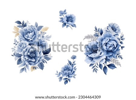 Watercolor navy blue flowers set, vintage vector flowers collection.