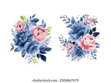 Watercolor navy blue and pink flowers set, vintage vector flowers collection.
