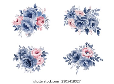 Watercolor navy blue and pink flowers set, vintage vector flowers collection.