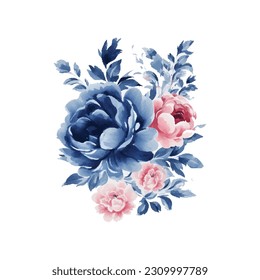 Watercolor navy blue and pink flowers set, vintage vector flowers collection.