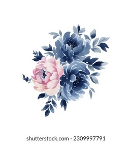 Watercolor navy blue and pink flowers set, vintage vector flowers collection.