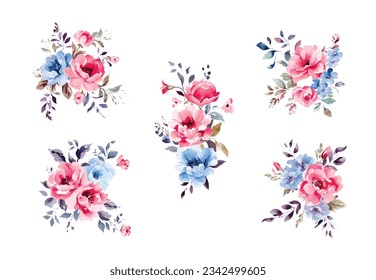 Watercolor navy blue and pink flowers set, vintage vector flowers collection.