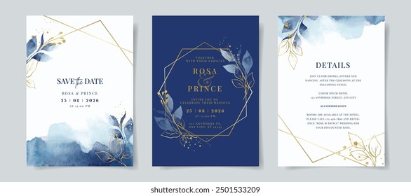 Plantilla de tarjeta de invitación de boda de acuarela azul marino con decoración de oro y hojas