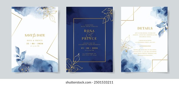 Plantilla de tarjeta de invitación de boda de acuarela azul marino con decoración de oro y hojas