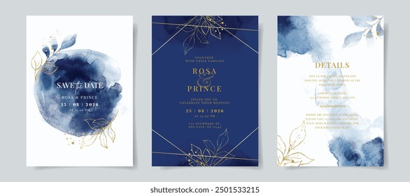 Watercolor navy wedding invitation card template with gold and leaves decoration