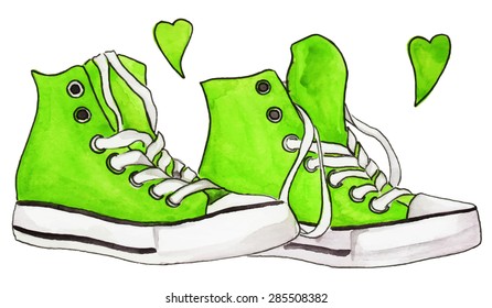 Watercolor neon green sneakers pair shoes hearts love isolated vector