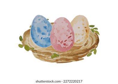 Watercolor nest with color eggs. Template for banner, poster, packaging, postcard, web design. Hand Drawn vector illustration.