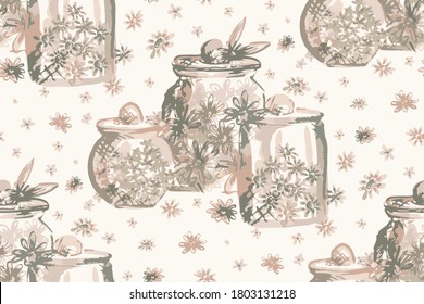 Watercolor neutral flower jars seamless vector kitchen pattern. Glass jars with flowers in pink and grey neutral palette on white. Great for home decor, fabric, wallpaper, stationery, design projects.