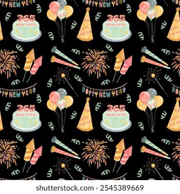Watercolor New Year seamless pattern in pastel color retro illustration style, Scene is cheerful and festive with horn, balloon and more. design texture ideal for printing and paper.