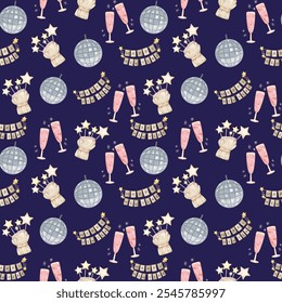 Watercolor New Year seamless pattern in vintage illustration style, scene is cheerful and festive with champagne, disco ball and more. Design texture ideal for printing fabric and paper.