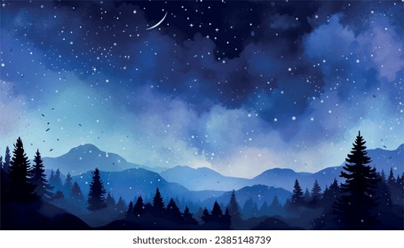 Watercolor night sky background  with beautiful clouds Space, stars, constellation, nebula vector illustration