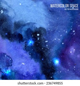 Watercolor night sky background with glowing stars. Space texture with paint strokes and swashes. Vector illustration.
