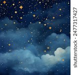 Watercolor Night Sky Vector Illustration. Vast night sky overflowing with stars. The background is a deep, inky blue with washes of purple and black. The stars are in a variety of sizes and shapes