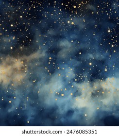 Watercolor Night Sky Vector Illustration. Vast night sky overflowing with stars. The background is a deep, inky blue with washes of purple and black. The stars are in a variety of sizes and shapes