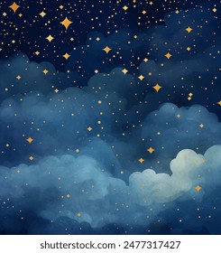 Watercolor Night Sky Vector Illustration. Vast night sky overflowing with stars. The background is a deep, inky blue with washes of purple and black. The stars are in a variety of sizes and shapes