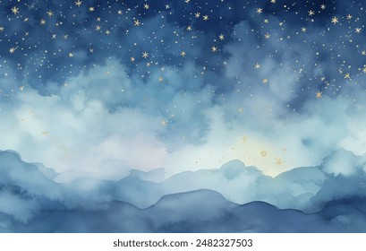 Watercolor Night Sky Vector Illustration. Vast night sky overflowing with stars. The background is a deep, inky blue with washes of purple and black. The stars are in a variety of sizes and shapes