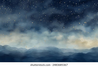 Watercolor Night Sky Vector Illustration. Vast night sky overflowing with stars. The background is a deep, inky blue with washes of purple and black. The stars are in a variety of sizes and shapes