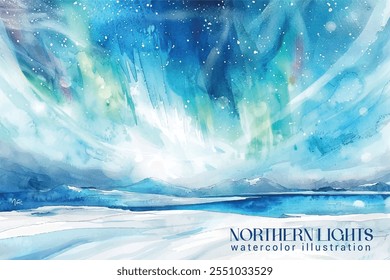 aquarela luzes do norte sobre neve paisagem tranquila, desenhado à mão