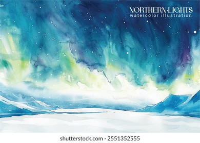 watercolor northern lights over snowy tranquil landscape, hand drawn