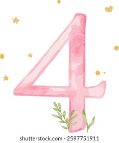 Watercolor number four illustration with separated decorations. Perfect for birthday celebrations and anniversary designs