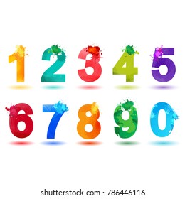Watercolor numbers. Rainbow number from one to nine and zero isolated on white background.Ink number colorful from 1,2,3,4,5,6,7,8,9,0.