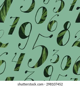 Watercolor numbers seamless vector pattern. Summer green. Negative painting technique.