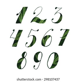 Watercolor numbers vector set. Summer green. Negative painting technique.