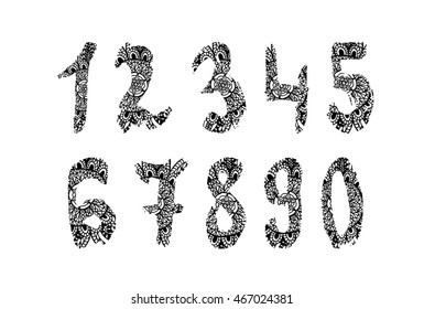 Watercolor numerals with abstract oriental pattern fill