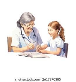 watercolor A nurse helping a patient illustration