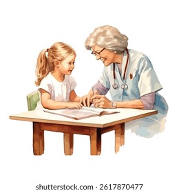 watercolor A nurse helping a patient illustration