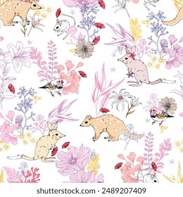 Vivero de acuarela sin patrón. Animales de bebé lindos del bosque pintados a mano, fresa aislada sobre fondo blanco. Ilustración EPS 10 para impresión
